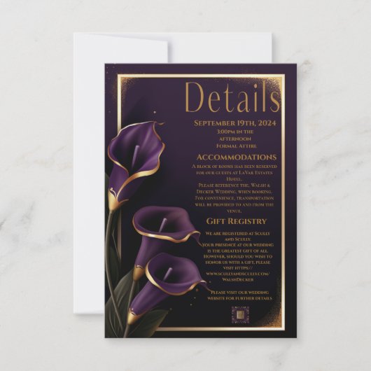 Elegante bruiloft Paarse lelies Script Details Kaa RSVP Kaartje (Voorkant)