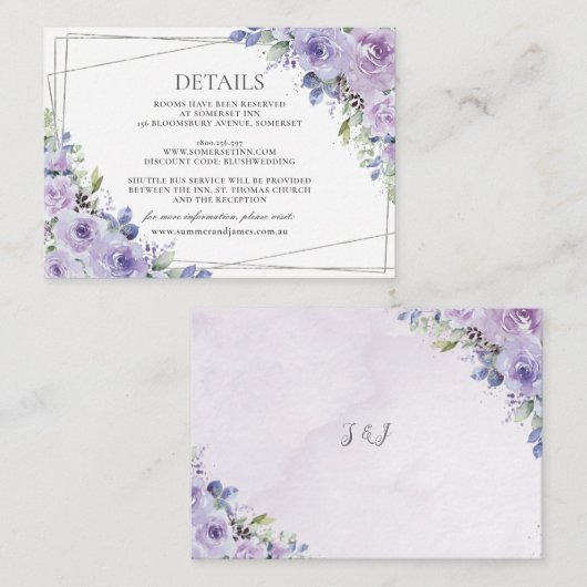 Elegante bruiloft Paarse Lila Bloemen Zilver Detai Informatiekaartje (Voorkant / Achterkant)