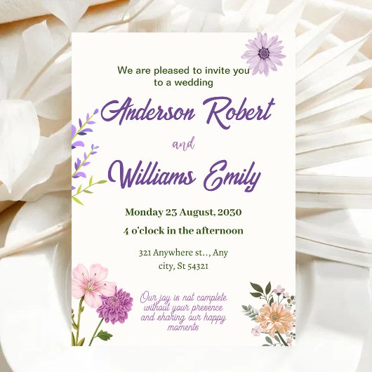 Elegante Bruiloft Paarse Roze Bloemen, Groene Blad Kaart