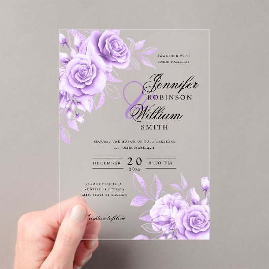 Elegante bruiloft Paarse Rozen Floral Theme Acryl Uitnodigingen (Insitu (Draagbaar))