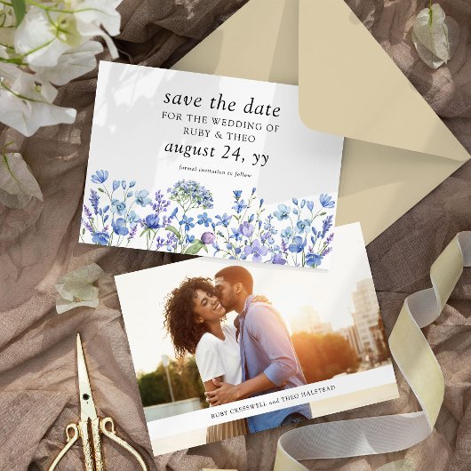Elegante bruiloft Periwinkle Wildflower Foto Save The Date