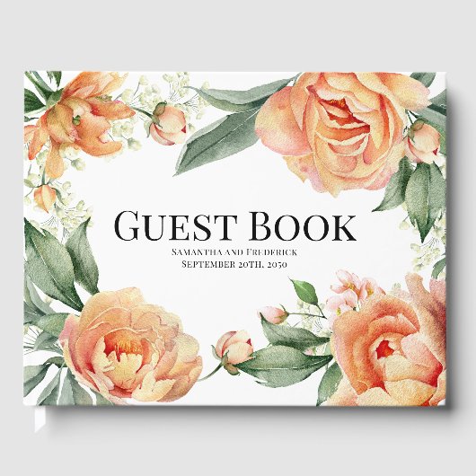 Elegante bruiloft perzik bloem gastenboek (Voorkant)