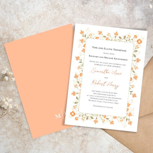 Elegante bruiloft perzik bloemengroen kaart