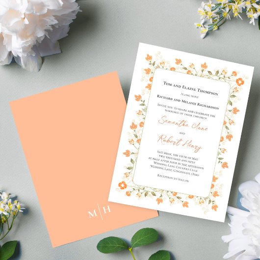 Elegante bruiloft perzik bloemengroen kaart