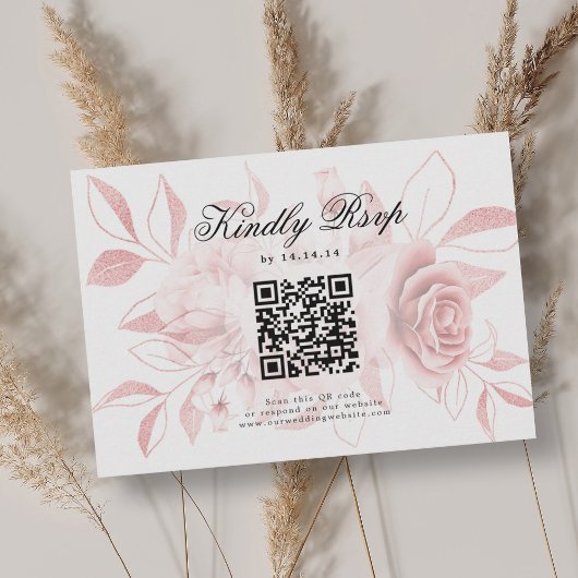 Elegante bruiloft QR-code RSVP Blush Roze Bloemen Kaartje