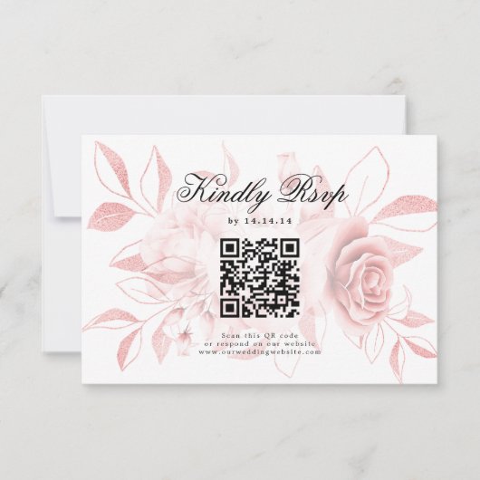 Elegante bruiloft QR-code RSVP Blush Roze Bloemen Kaartje (Voorkant)