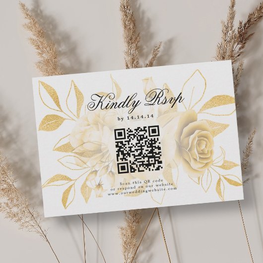 Elegante bruiloft QR-code RSVP Gold Floral Kaartje
