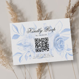 Elegante bruiloft QR-code RSVP Navy Blue Floral Kaartje