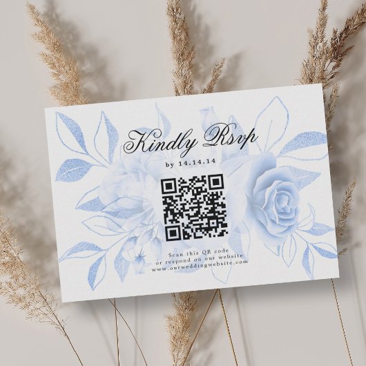 Elegante bruiloft QR-code RSVP Navy Blue Floral Kaartje