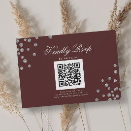 Elegante bruiloft QR RSVP Silver Confetti Bourgogn Kaartje