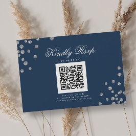 Elegante bruiloft QR RSVP Silver Confetti Navy Kaartje