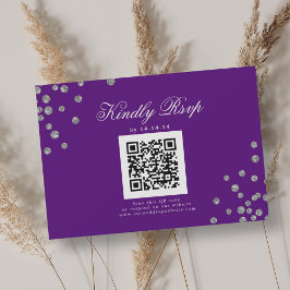 Elegante bruiloft QR RSVP Silver Confetti Paarse Kaartje