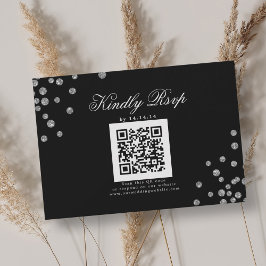 Elegante bruiloft QR RSVP Zilveren Confetti Zwart Kaartje