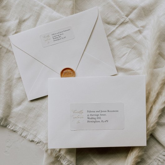 Elegante bruiloft retour adres label met kalligraf