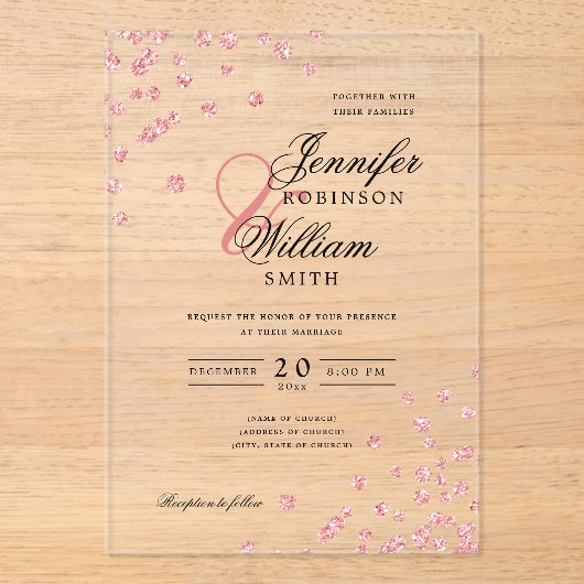 Elegante bruiloft Roos Gouden Glitter Confetti The Acryl Uitnodigingen (Voorkant)