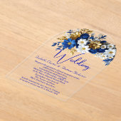 Elegante bruiloft Royal Blauw Wit Gouden Bloemen Acryl Uitnodigingen (Laagn)