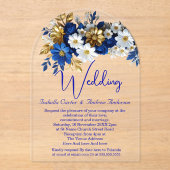 Elegante bruiloft Royal Blauw Wit Gouden Bloemen Acryl Uitnodigingen (Voorkant)