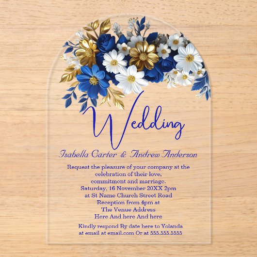 Elegante bruiloft Royal Blauw Wit Gouden Bloemen Acryl Uitnodigingen (Voorkant)