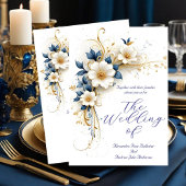 Elegante bruiloft Royal Blauw Wit Gouden Bloemen Kaart
