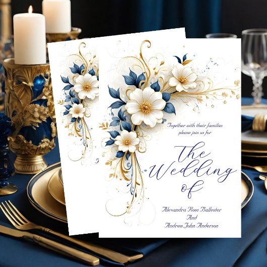 Elegante bruiloft Royal Blauw Wit Gouden Bloemen Kaart