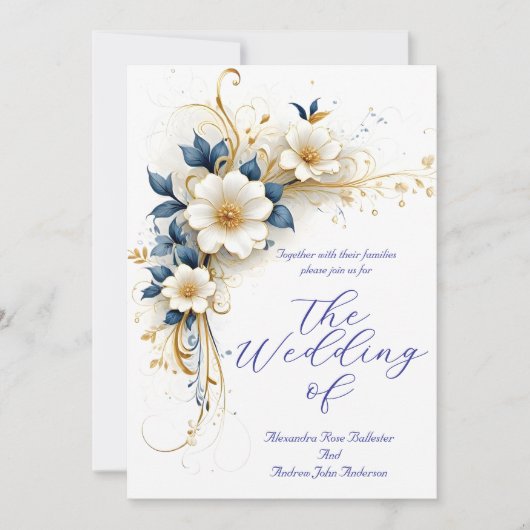 Elegante bruiloft Royal Blauw Wit Gouden Bloemen Kaart (Voorkant)