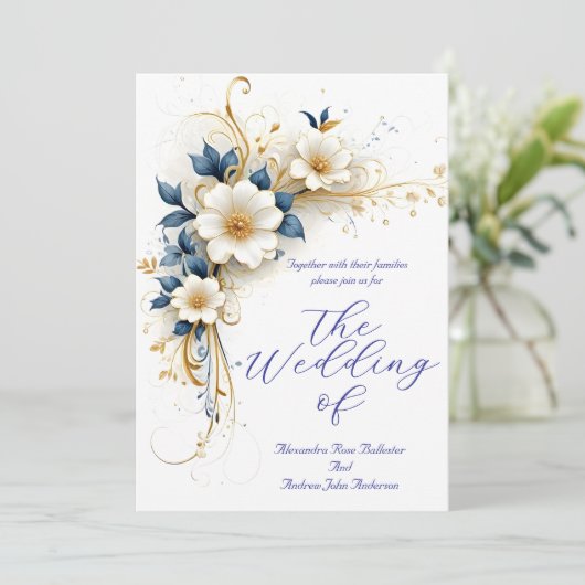 Elegante bruiloft Royal Blauw Wit Gouden Bloemen Kaart (Staand voorkant)