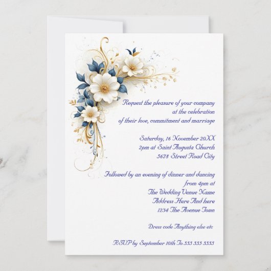 Elegante bruiloft Royal Blauw Wit Gouden Bloemen Kaart (Achterkant)