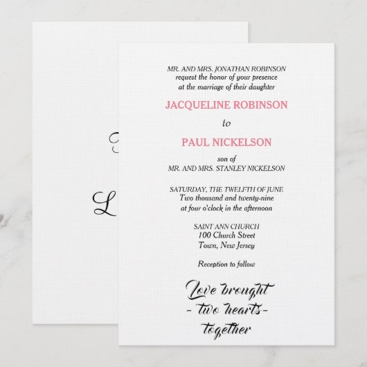 Elegante bruiloft roze wit twee harten kaart (Voorkant / Achterkant)