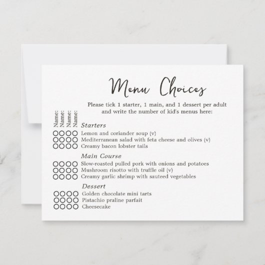 Elegante bruiloft RSVP Menu Keuzes 4 Gasten Kaart (Achterkant)