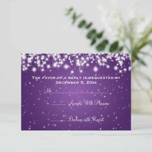 Elegante bruiloft RSVP Winter Sparkle Paarse (Staand voorkant)