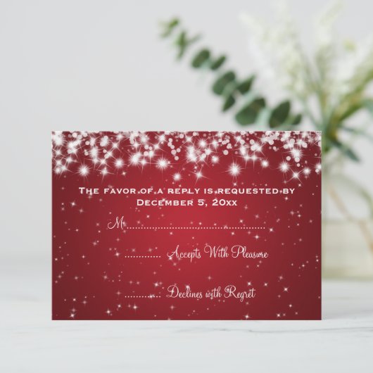 Elegante bruiloft RSVP Winter Sparkle Red (Staand voorkant)