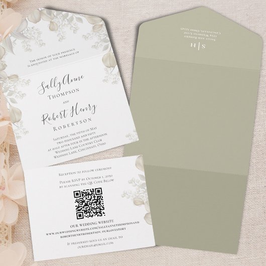Elegante bruiloft Sage groen kalligrafie Script All In One Uitnodiging