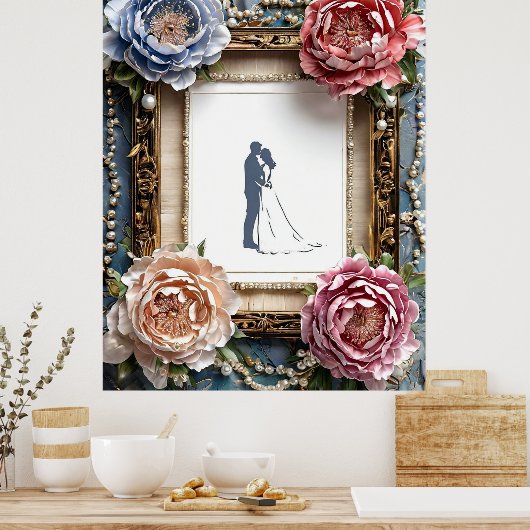 Elegante bruiloft silhouet in Lijst Poster (Keuken)