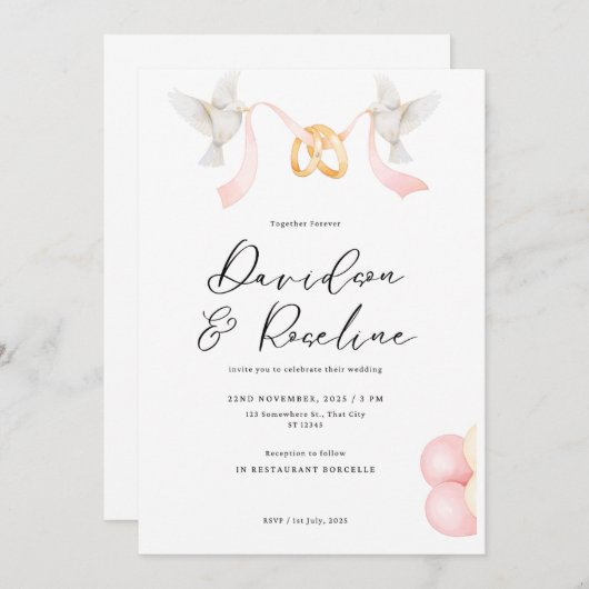 Elegante Bruiloft Sjabloon met Ring en Duif Kaart (Voorkant / Achterkant)