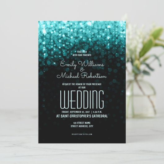 Elegante bruiloft turquoise lichten bokeh achtergr kaart (Staand voorkant)