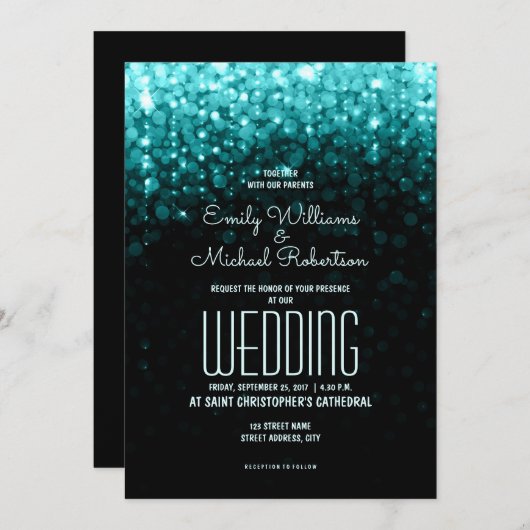 Elegante bruiloft turquoise lichten bokeh achtergr kaart (Voorkant / Achterkant)