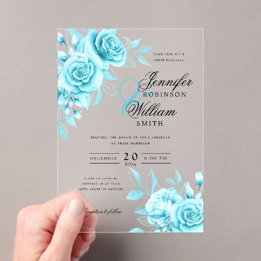 Elegante bruiloft Turquoise Rozen Floral Theme Acryl Uitnodigingen (Insitu (Draagbaar))