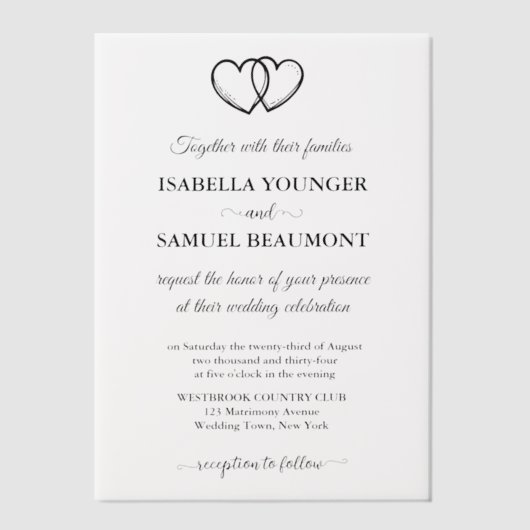 Elegante bruiloft twee harten aangepaste tekst ove vellum uitnodigingen (Voorkant)