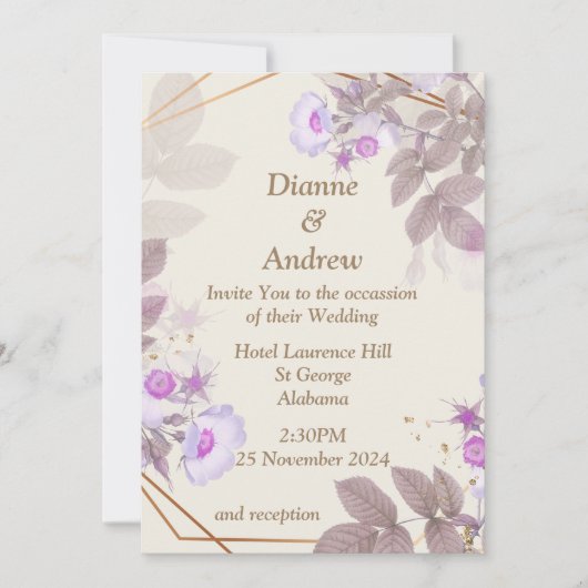 Elegante bruiloft uitnodiging, beige, paarse kaart (Voorkant)