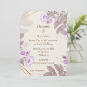 Elegante bruiloft uitnodiging, beige, paarse kaart (Staand voorkant)