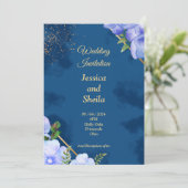 Elegante bruiloft uitnodiging, blauw, blauwe bloem kaart (Staand voorkant)