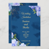 Elegante bruiloft uitnodiging, blauw, blauwe bloem kaart (Voorkant / Achterkant)