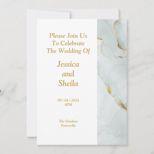 Elegante bruiloft uitnodiging, groen, goud, gemarm kaart (Voorkant)