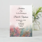 Elegante bruiloft uitnodiging, groene, roze blader kaart (Staand voorkant)