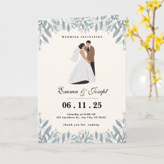 Elegante bruiloft uitnodiging Kaart met bruid en b (Gele Bloem)