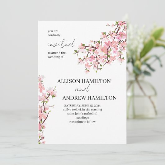 Elegante bruiloft uitnodiging met kersenbloesem (Staand voorkant)