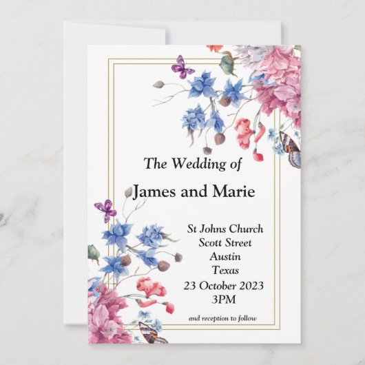 Elegante bruiloft uitnodiging, roze, blauwe bloeme kaart (Voorkant)