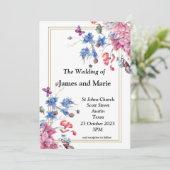 Elegante bruiloft uitnodiging, roze, blauwe bloeme kaart (Staand voorkant)