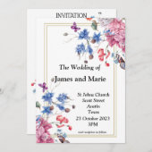 Elegante bruiloft uitnodiging, roze, blauwe bloeme kaart (Voorkant / Achterkant)