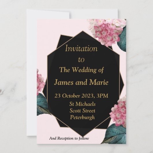 Elegante bruiloft uitnodiging, roze bloemen, zwart kaart (Voorkant)